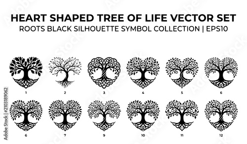Fotografía Create a premium vector illustration featuring 30 unique heart-shaped Tree of Life symbols isolated on a solid white background