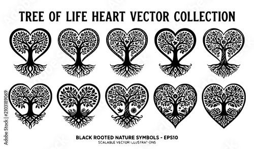 Photos Generate a distinctive vector illustration containing 28 unique heart-shaped Tree of Life designs isolated on a solid white background