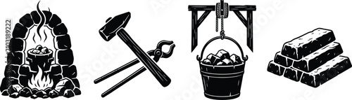 Принти на полотні Metalworking and Blacksmithing Concept Illustration Featuring Forge, Hammer and