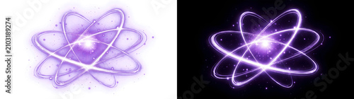 Fotografie Atom Structure glowing purple electron orbits swirling around a bright nucleus f