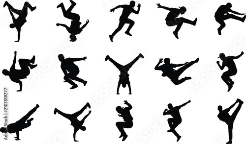 Konstfotografi Dynamic breakdancing and parkour acrobatic stunt performer silhouettes collectio