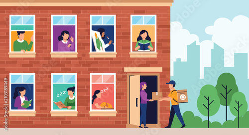 Delivery person drops off a package at an apartment building where neighbors are seen engaging in various daily activities.