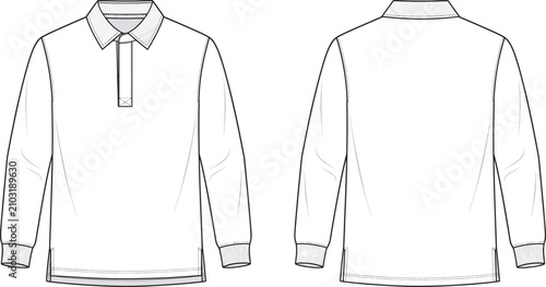 Men's long sleeve polo rugby shirt technical flat sketch showing front and back view fashion design template