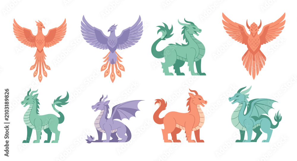 Obraz premium Diverse mythical creatures of phoenixes and dragons in flat vector illustration, symbolizing power and rebirth for fantasy game design and mythological storytelling.