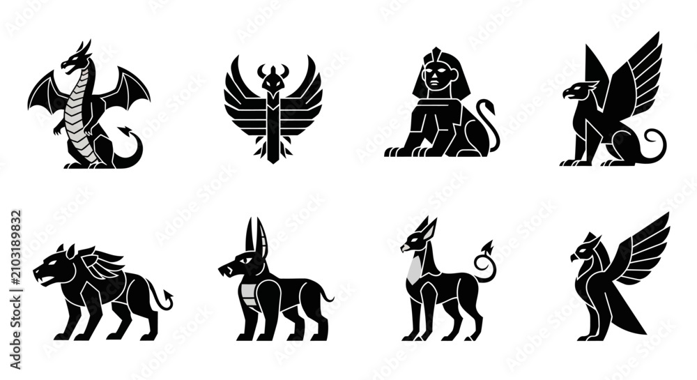 Fototapeta premium Diverse mythical creatures in black silhouette icons, representing ancient folklore and fantasy, ideal for fantasy game design, cultural studies, and educational materials.