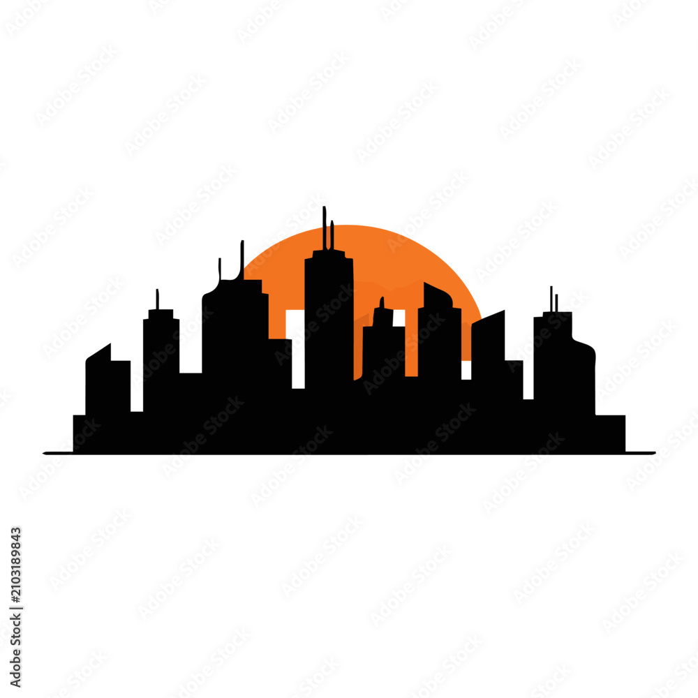 Obraz premium Modern City Skyline Silhouette Vector Illustration with Orange Sunset Sun Background; Urban Metropolis Downtown Skyscraper Buildings Icon for Real Estate, Travel, and Corporate Business Design