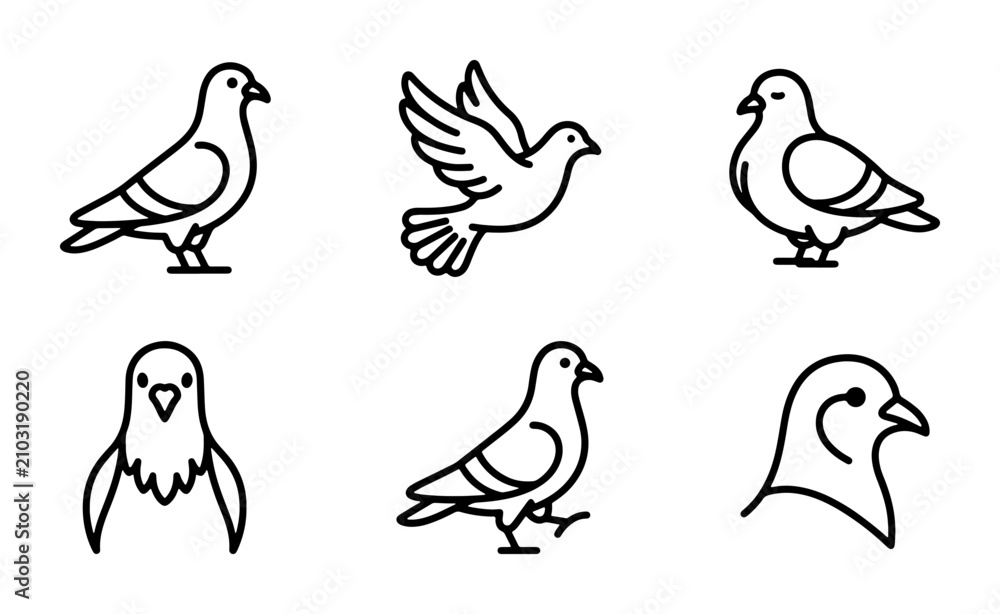 Obraz premium Pigeon Icons Set, Simple Line Art Bird Graphics, Dove Vector Symbols for Peace and Freedom