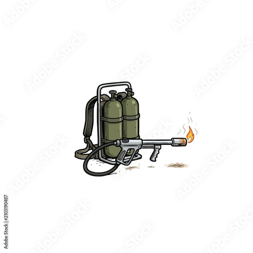 Fotografija A Detailed Depiction Of A Flamethrower Device Featuring Two Fuel Tanks A Flexibl