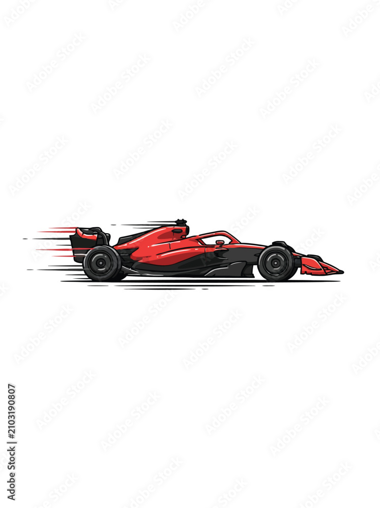 Obraz premium Red And Black Formula One Race Car With Detailed Aerodynamics And Trailing Speed Lines Emphasizing Rapid Movement In A Stylized Depiction Vector Illustration