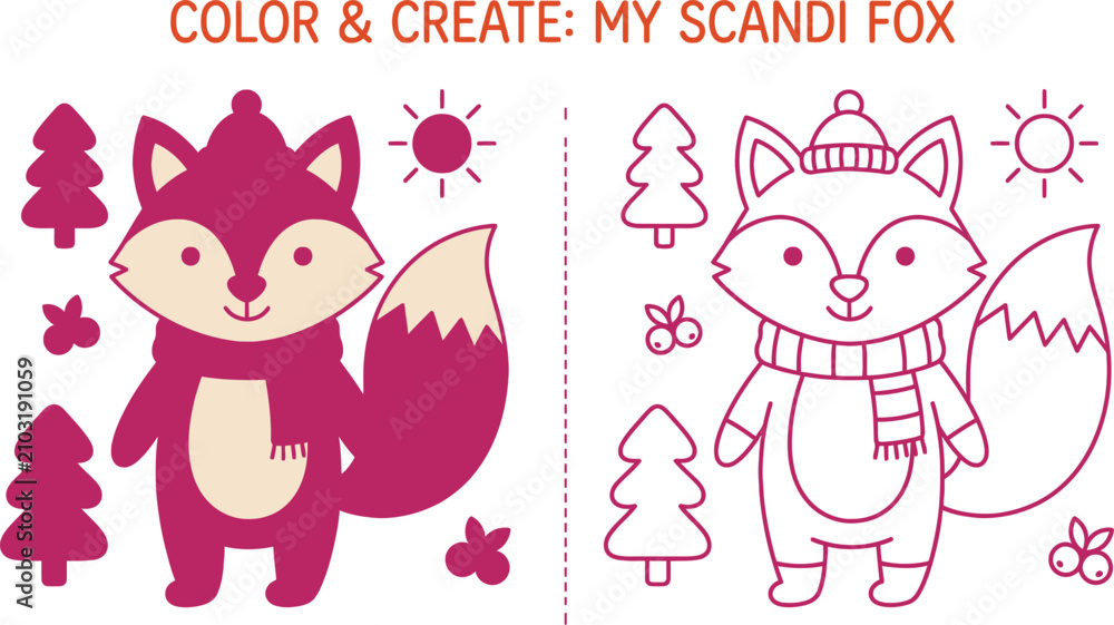 Obraz premium Scandi fox coloring page a delightful illustration for kids featuring a charming fox with trees and sunshine ready to color