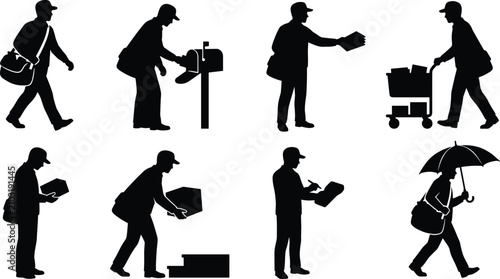 Obraz na płótnie Vector silhouette set of postman and mail carrier delivering letters and package