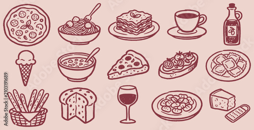 Bild auf Leinwand Collection of Italian Food and Drink Illustrations in a Hand-Drawn Style
