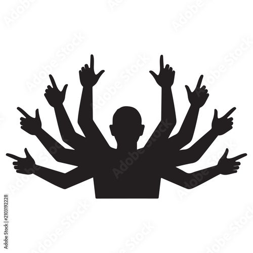 Silhouette of a person with multiple arms and pointing fingers for multitasking and direction choice vector icon