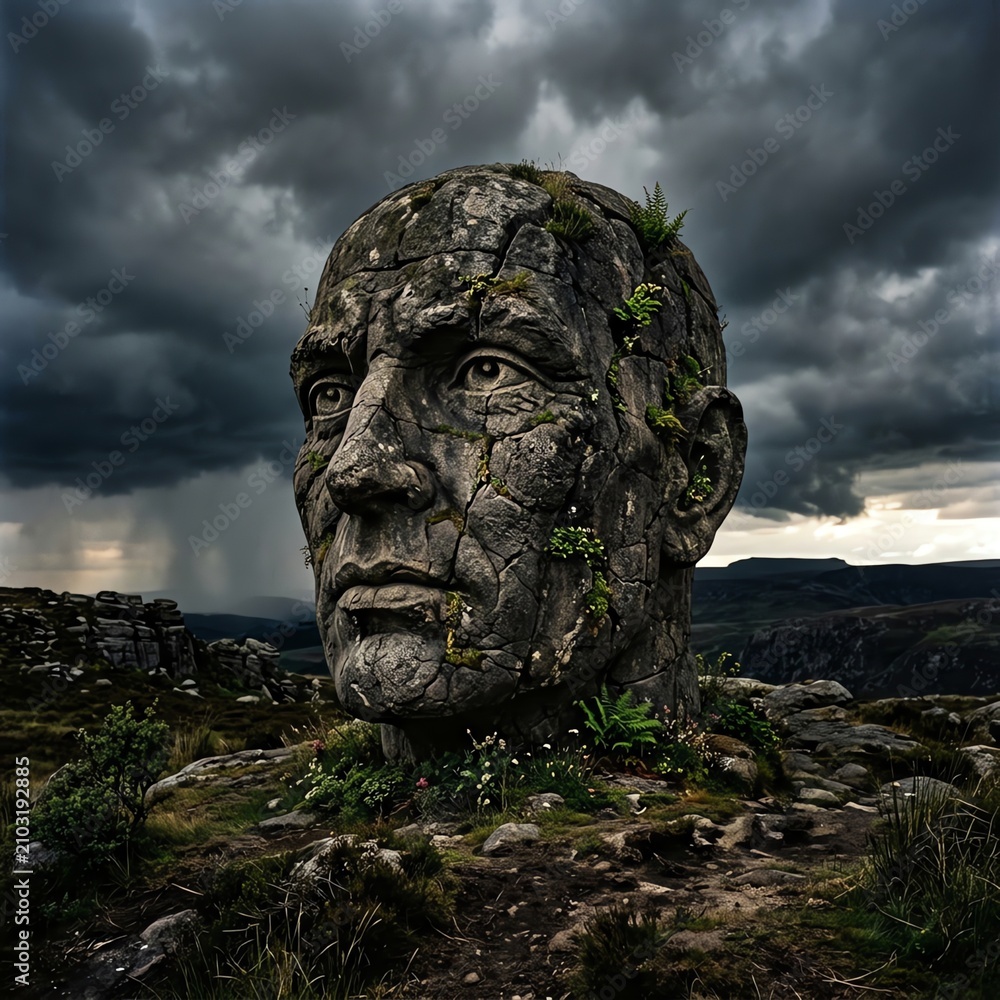 Obraz premium Ancient Stone Head Sculpture in Rugged Landscape Under Stormy Sky