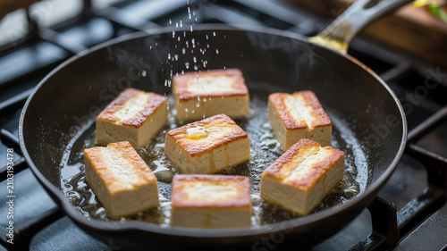 Sizzling tofu in cast iron pan close-up macro food photography