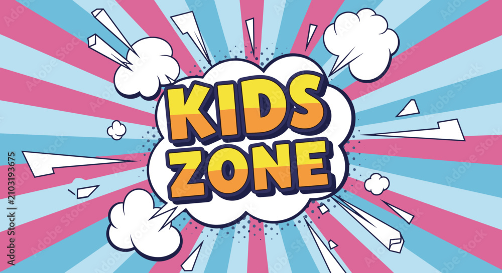 Fototapeta premium Vibrant comic book graphic features the words KIDS ZONE in bold yellow and orange letters over a pink and blue sunburst background.