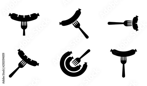 Sausage Icons on Forks, Black and White Vector Set for Food and BBQ Graphics