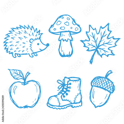 Autumn forest doodle icons set featuring blue hand-drawn hedgehog mushroom maple leaf apple hiking boot and acorn vector illustrations