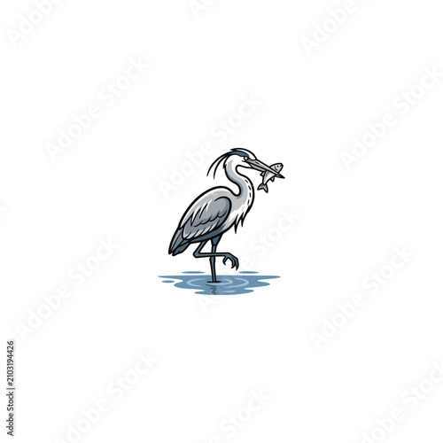 Foto Illustration Of A Grey Heron Standing In Shallow Water Holding A Freshly Caught