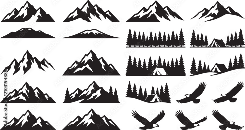 Fototapeta premium Set of black mountain peaks forest trees camping tents and flying eagle silhouettes icons collection