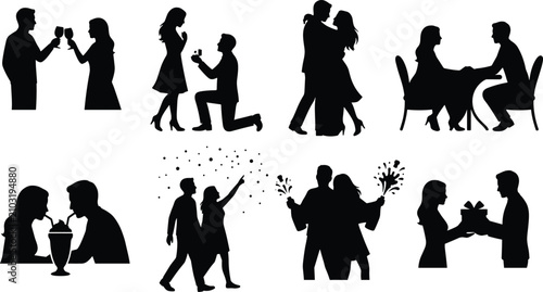 Photos Vector silhouette set of romantic couples dating proposing and celebrating love