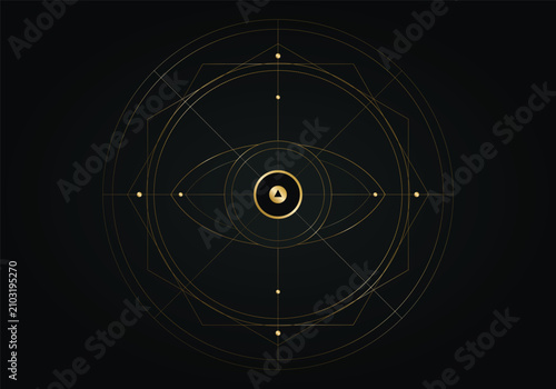 Fotografie Abstract mystical golden eye symbol with circular geometric lines on dark