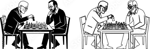 Quadro su tela Two Men Playing Chess Silhouette Line Art Intelligent Board Game Vector Illustra
