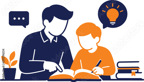 Teacher helping young student with school work illustration education learning mentorship instruction knowledge