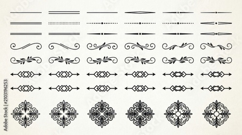 Set of vintage typographic dividers. Ornamental flourishes and decorative page borders.