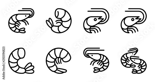 Shrimp Icons Set, Seafood Vector Graphics, Marine Life Outline Illustrations, Culinary Food Art