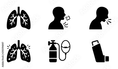 Respiratory Illness Icons: Lungs, Coughing, Asthma Inhaler, Oxygen Tank, Breathing Problems
