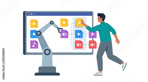 Flat vector illustration of a man and a robotic arm organizing digital multimedia files on a large screen, symbolizing AI content curation and human-machine collaboration.