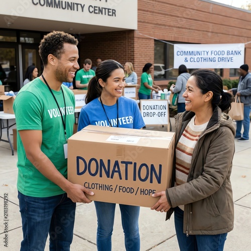 Volunteers accept donation box for community food bank and clothing drive outside center