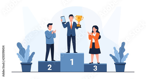 People standing on winner podium steps.
