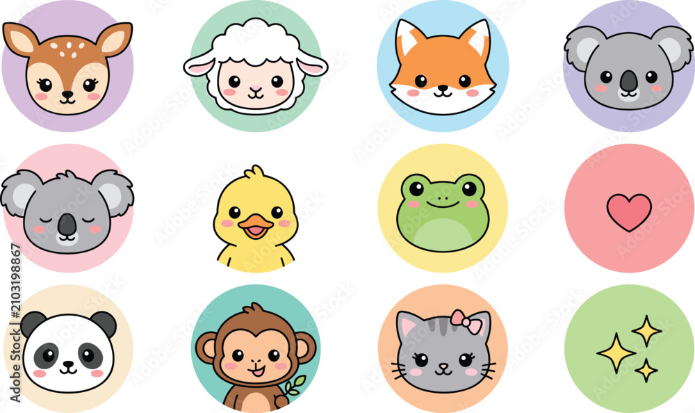 Fototapeta premium Cute Kawaii Animal Face Icon Collection with Deer, Sheep, Fox, Koala, Panda, Frog and Cartoon Character Designs