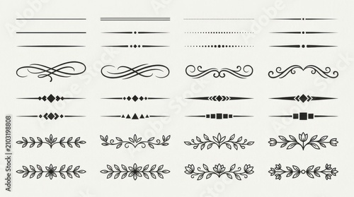 Hand-drawn ornamental dividers and elegant section breaks for graphic design. Classic flourish borders and vintage decorative separators for layouts.