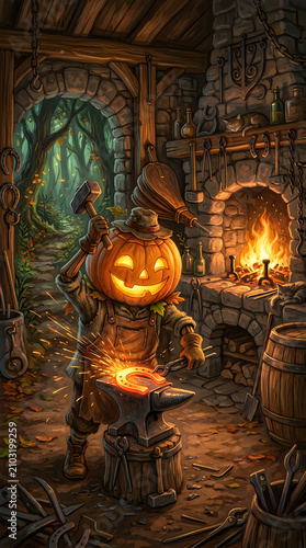 Halloween blacksmith jack o' lantern craftsman forging metal in a rustic workshop