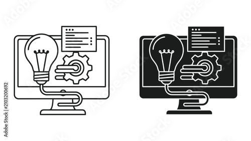 Digital Innovation Concept Featuring Computer Monitor with Lightbulb and Gear Icon Vector Illustration