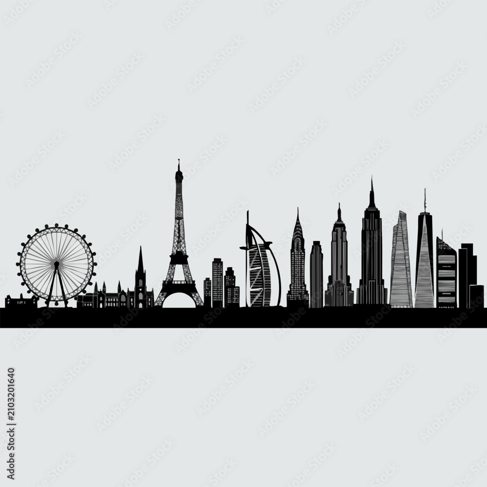 Fototapeta premium Global city skyline silhouette vector graphic with silhouette landmark architecture buildings metropolis downtown landscape monument construction illustration backdrop panorama vacation