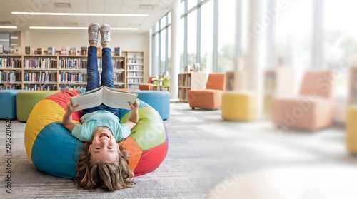 Smiling school girl reading book upside down on colorful bean bags inside children library