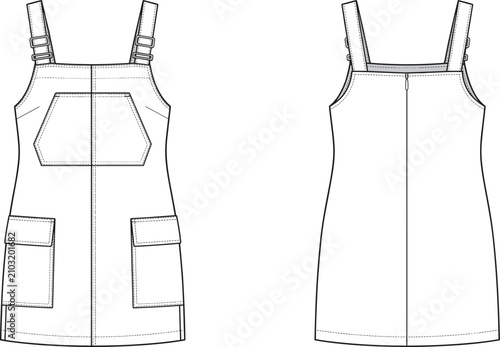 Foto Women's overall pinafore dress technical flat sketch showing front and back view