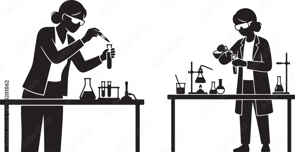 Fototapeta premium Women scientists conducting a chemistry experiment with flasks and beakers, silhouette vector illustration for science, laboratory, research and education design for schools