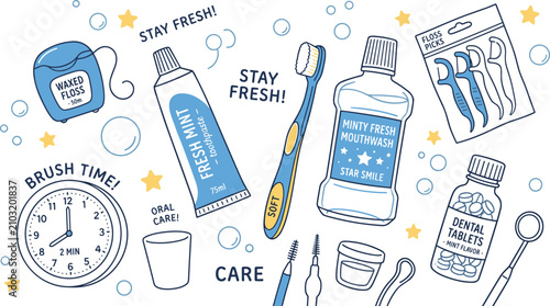 Foto Horizontal banner showing dental care products including mint toothpaste floss m