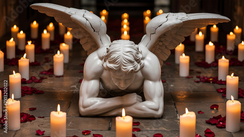 Fallen angel statue with candles and petals, spiritual atmosphere