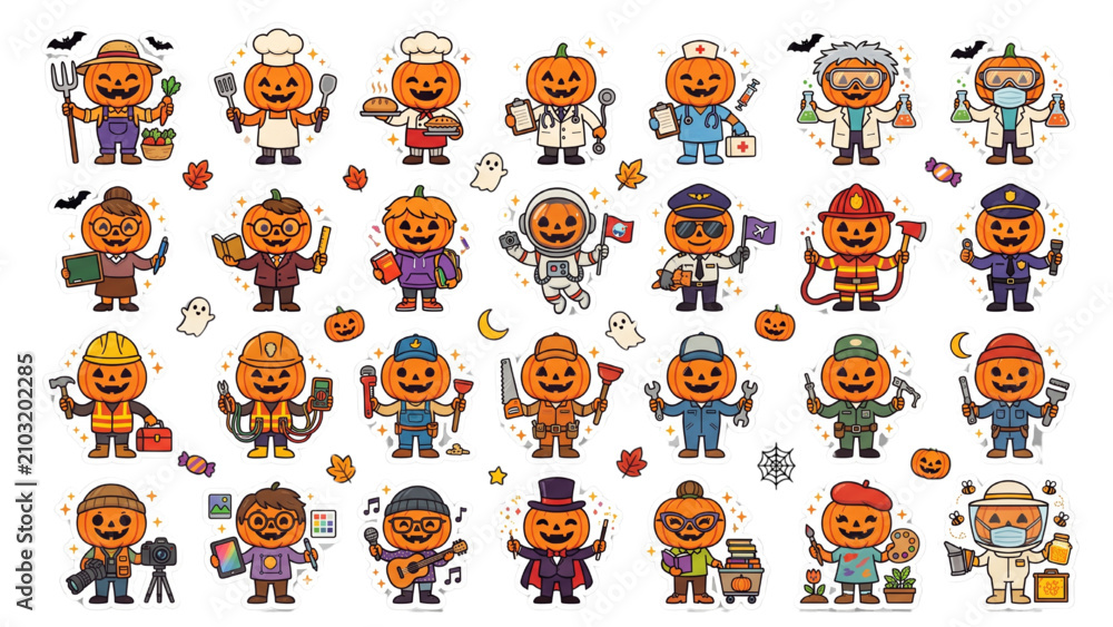 Fototapeta premium Cute Halloween Pumpkin Profession Characters – 25 Jack O Lantern Occupation Vector Sticker Pack