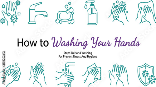 Bild auf Leinwand Infographic steps showing correct handwashing technique with water faucet soap b