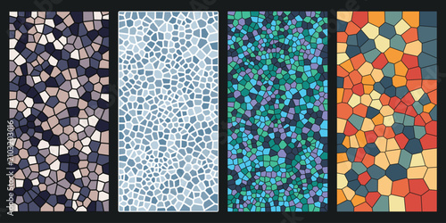 Set of Four Abstract Geometric Voronoi Tessellation Patterns in Various Color Palettes for Modern Decorative Backgrounds
