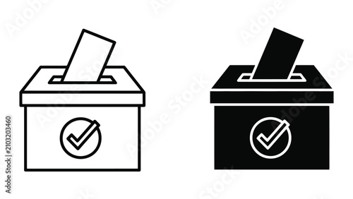 Voting Ballot Box Icons Set Featuring Checkmark Symbols in Minimalist Line Art and Solid Black Style