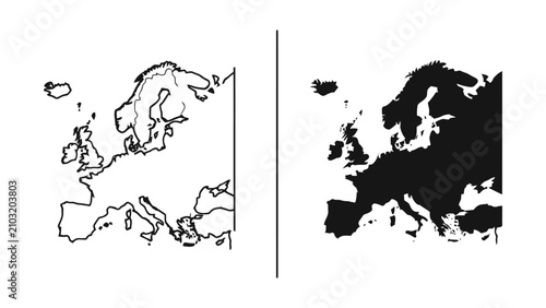 Silhouette Map of Europe with Animal Icons Vector Illustration Outline