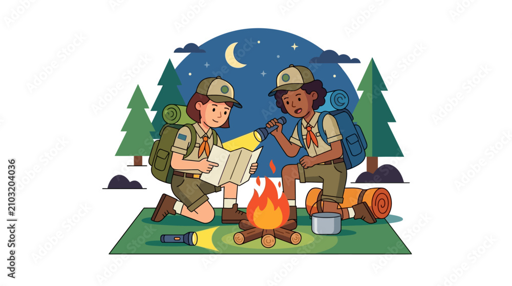 Naklejka premium Two young scouts in uniform sit by a campfire at night, reading a book together under a crescent moon and starry sky in a forest setting.